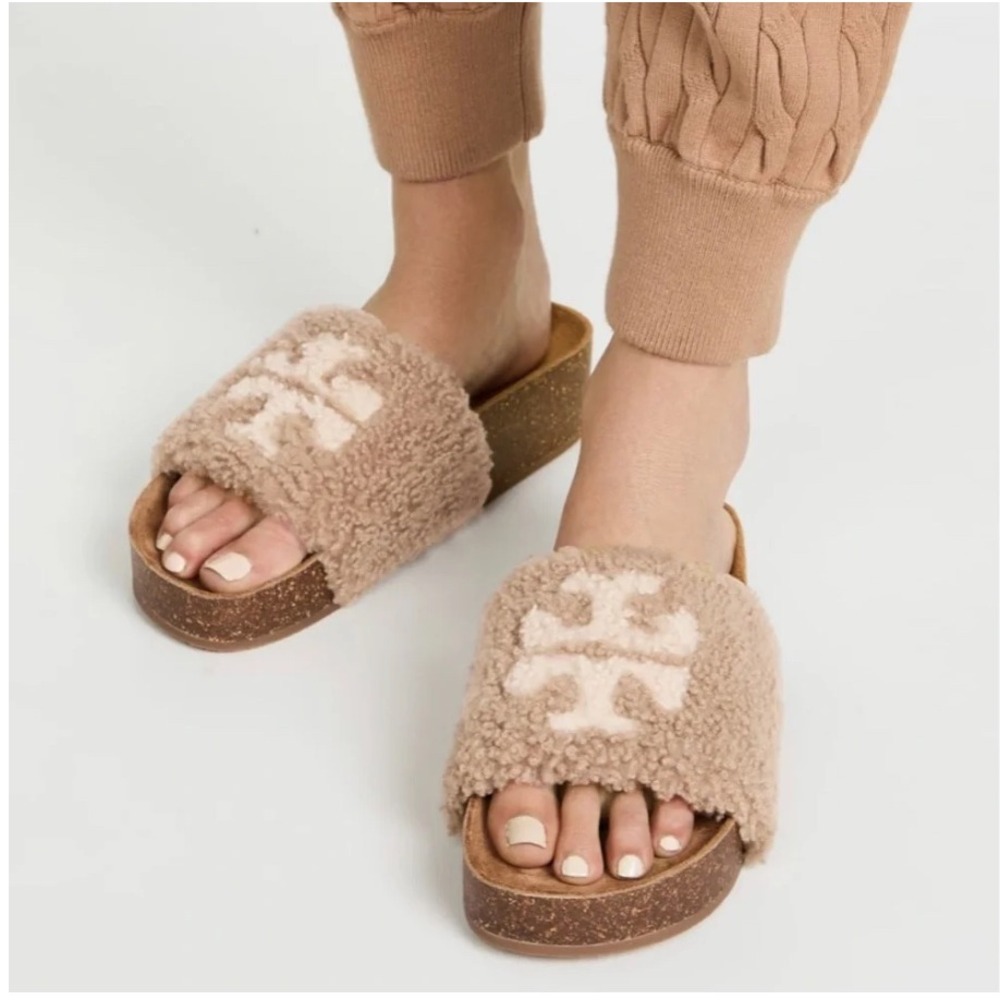 NIB Tory Burch Double T Shearling Flatform Slides Almond Flour Cork Size 11